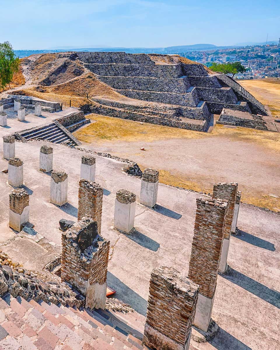 Pillars as seen from the top of a temple at Tula Ruins 