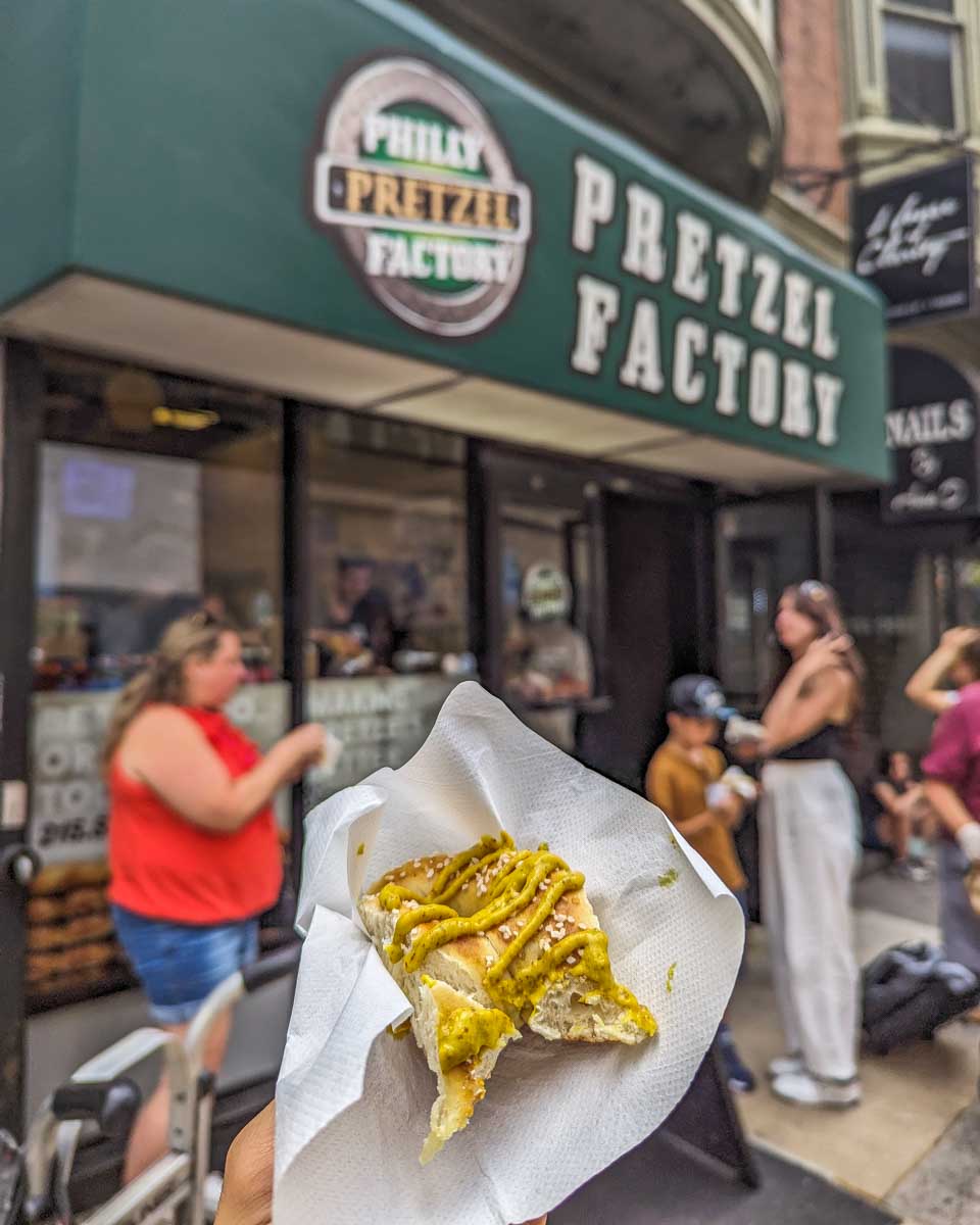 Pretzel outside the pretzel shop during a food tour in Philadelphia
