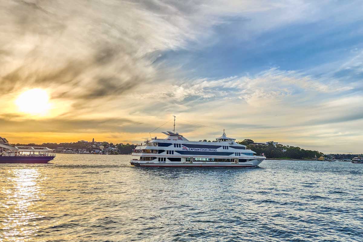 Sunset in Sydney over a cruise ship