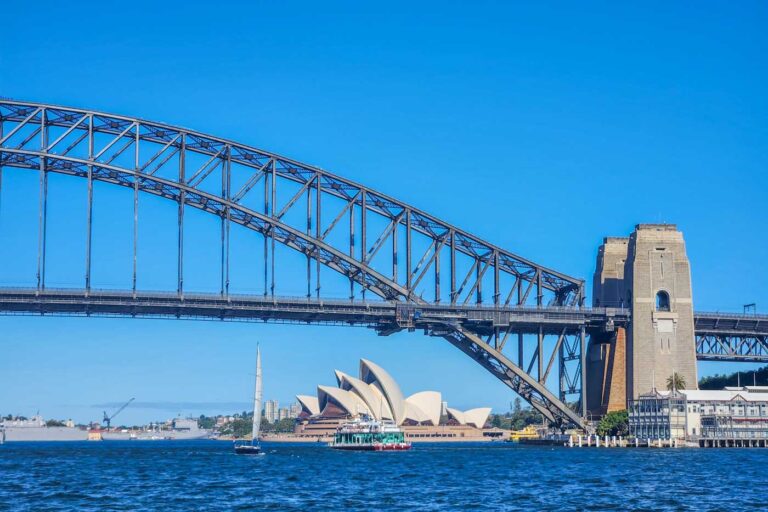 The Sydney Harbour Bridge and Sydney Opera House from a cruise in Sydney, Australia