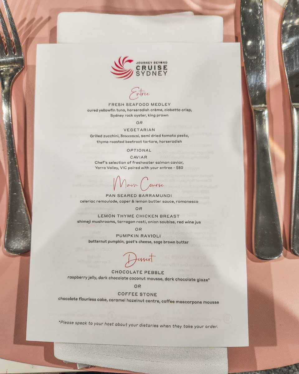 The menu on the Journey Beyond Cruise Sydney dinner cruise in Sydney harbour, Australia