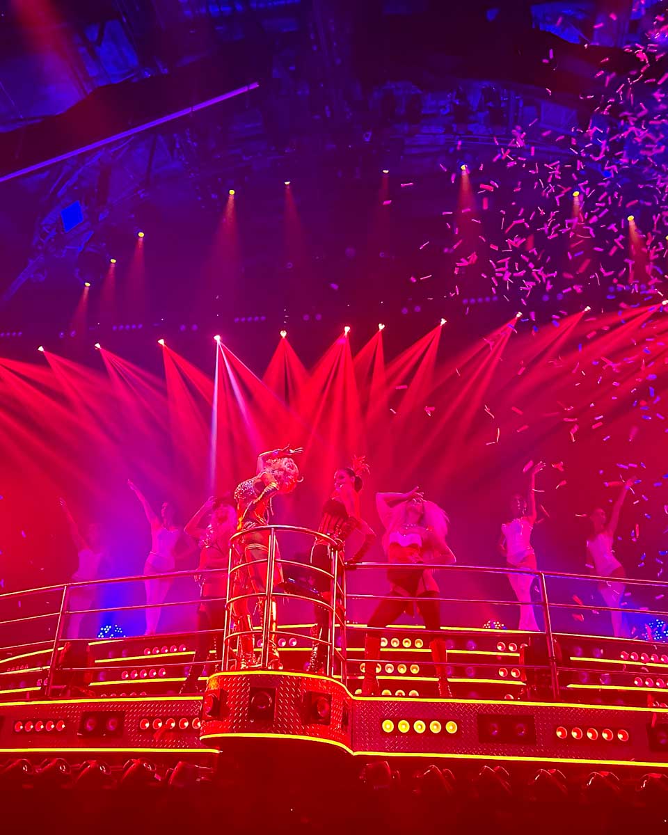 The stage at Coco Bongo is lit up in red during the Mulan Rouge performance at Coco bongo, Mexico