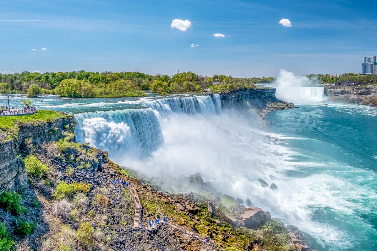 Wide angle shot of Niagara Falls with a boardwalk below with people walking to view the waterfall up close on the USA side