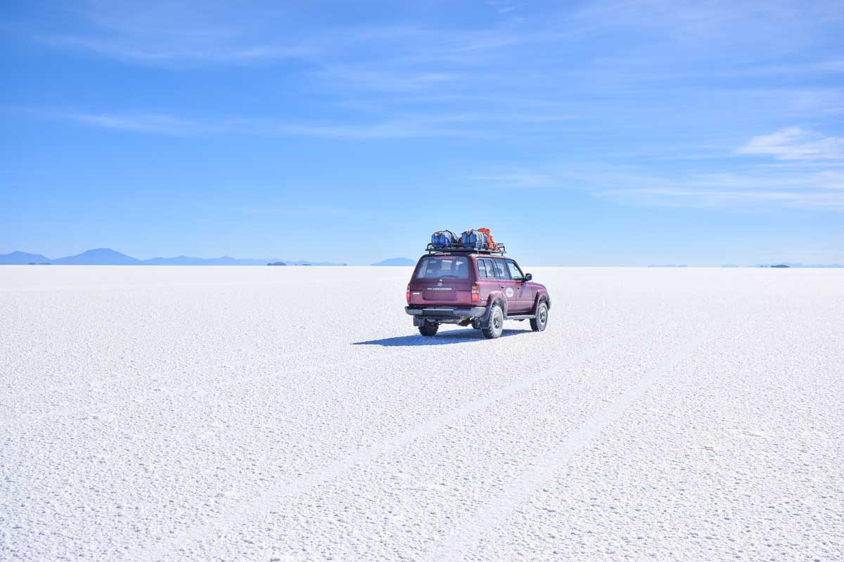 A 4wd tour car on the Uyuni Salt Flat in Bolivia