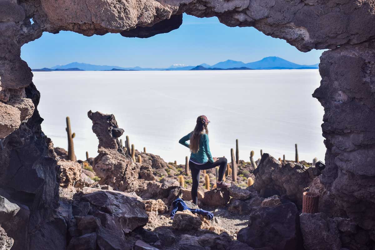 Bailey overlooks the Uyuni Salt Flat in Bolivia from a small island