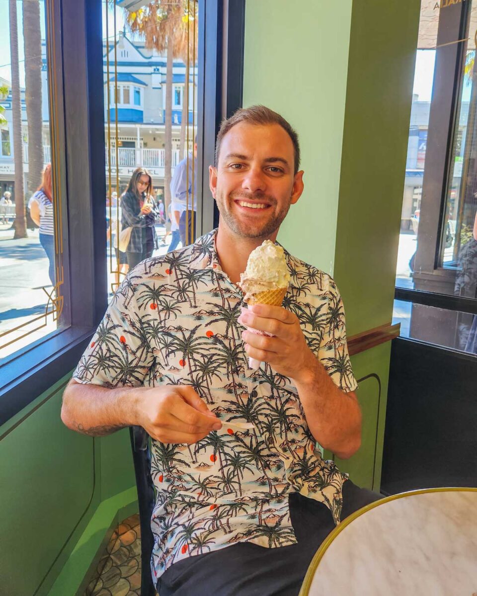 Daniel enjoys an ice cream at Anita Gelato in Manly