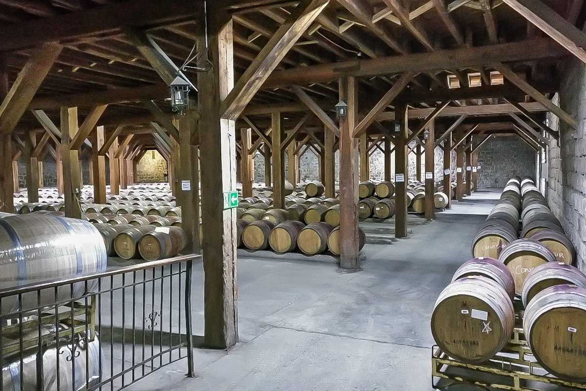Wine cellar with wine barrels at Santa Rita Winery Chile