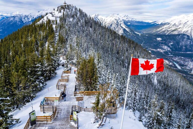Sulphur Mountain trail seen during the winter with snow in Banff AB Canada