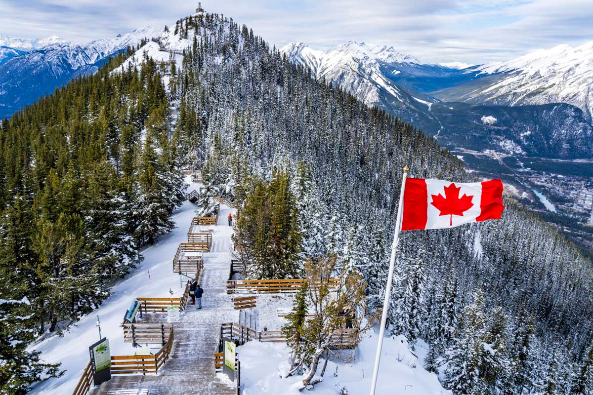 Sulphur Mountain trail seen during the winter with snow in Banff AB Canada