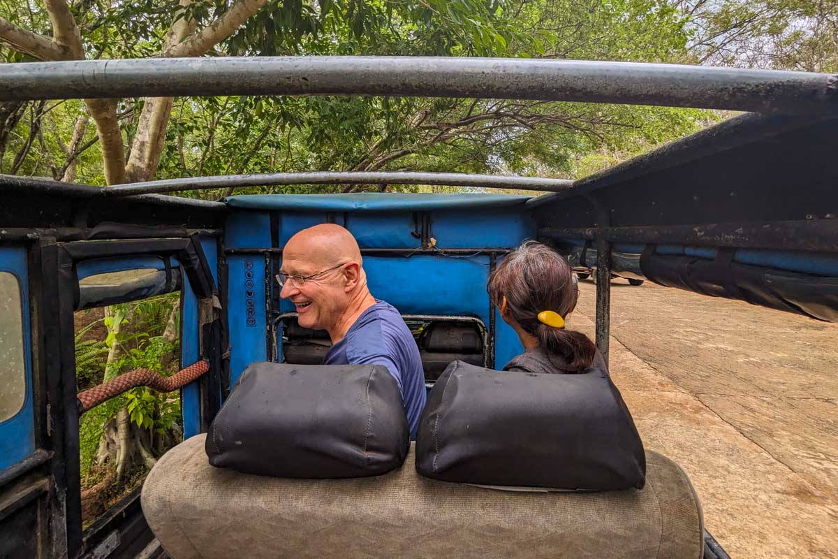 Two other members of our tour laughing at a joke our guide made in Minneriya National Park Sri Lanka