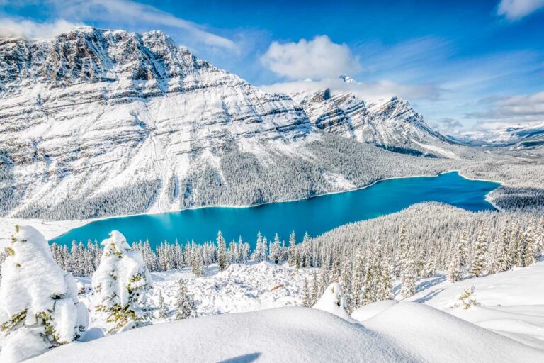 landscape shot of Peyto Lake just before the lake freezes over in winter