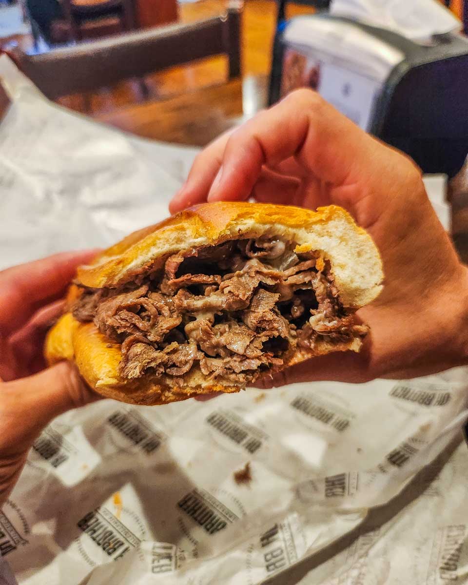 A close up of a cheese steak from Oh Brother Philly 