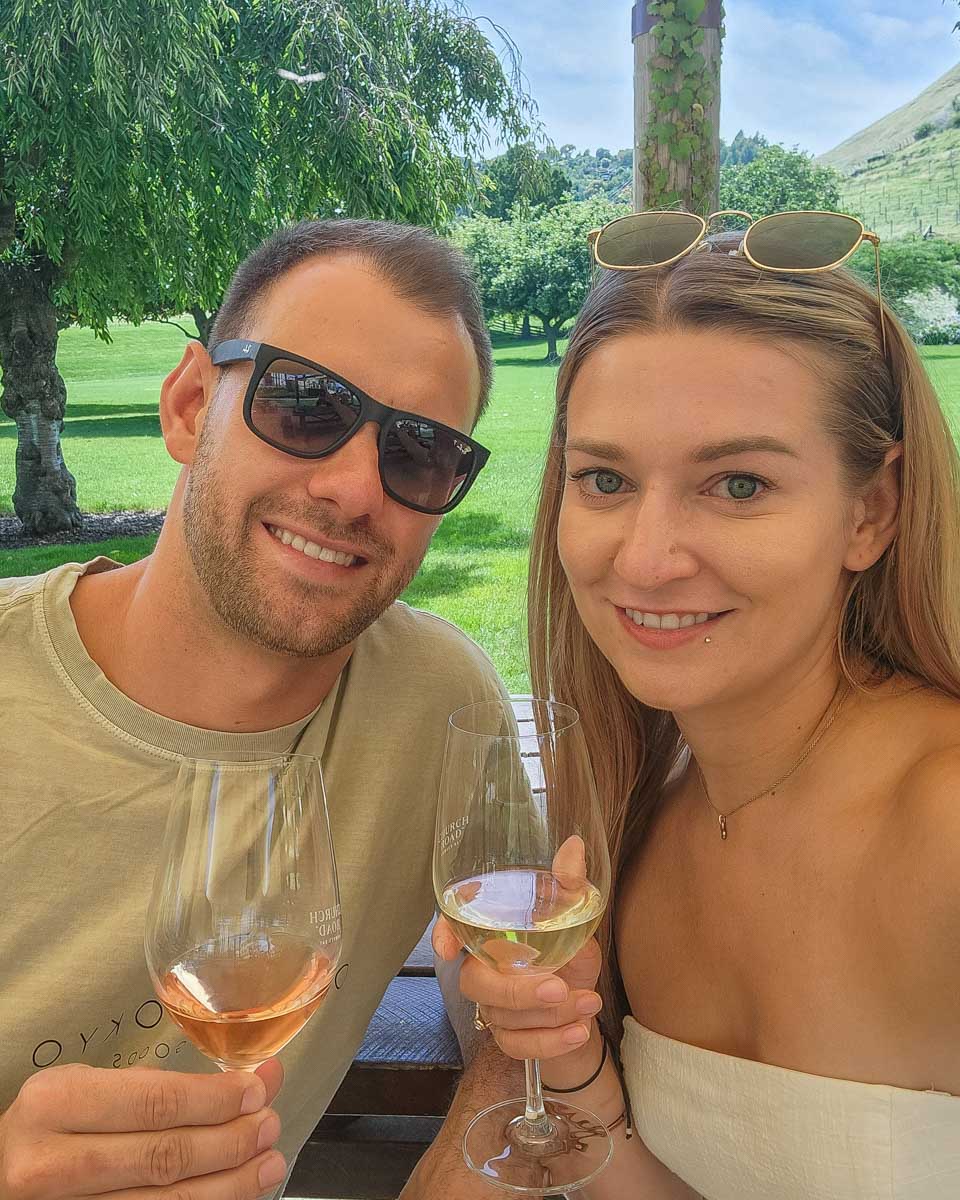 Bailey and Daniel take a selfie on a tour to the Martinborough Wine Region from Wellington
