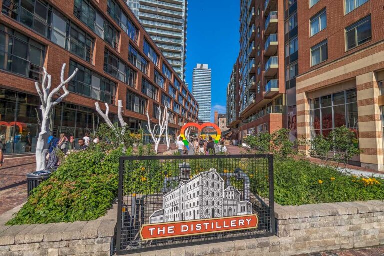 Main entrance and sign to the Toronto Distillery District in Toronto Canada