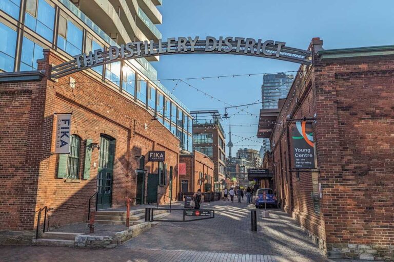 Sign and entrance to one side fo the Toronto Distillery District in Toronto, Canada