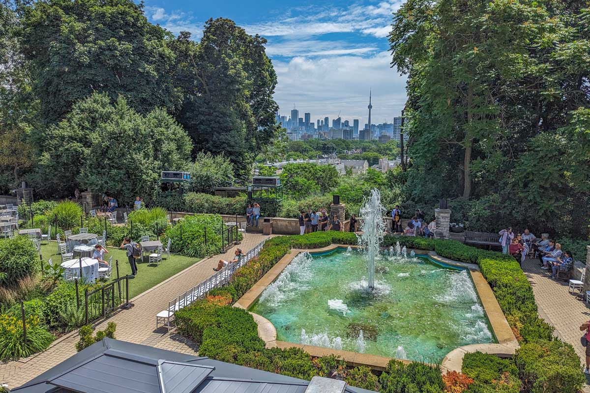 Views of the back garden with views of Toronto at the CN tower from Casa Loma