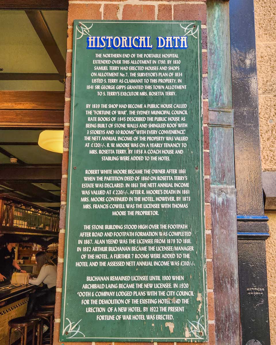 historical write up on the history of the oldest pub in Sydney the Fortune of War
