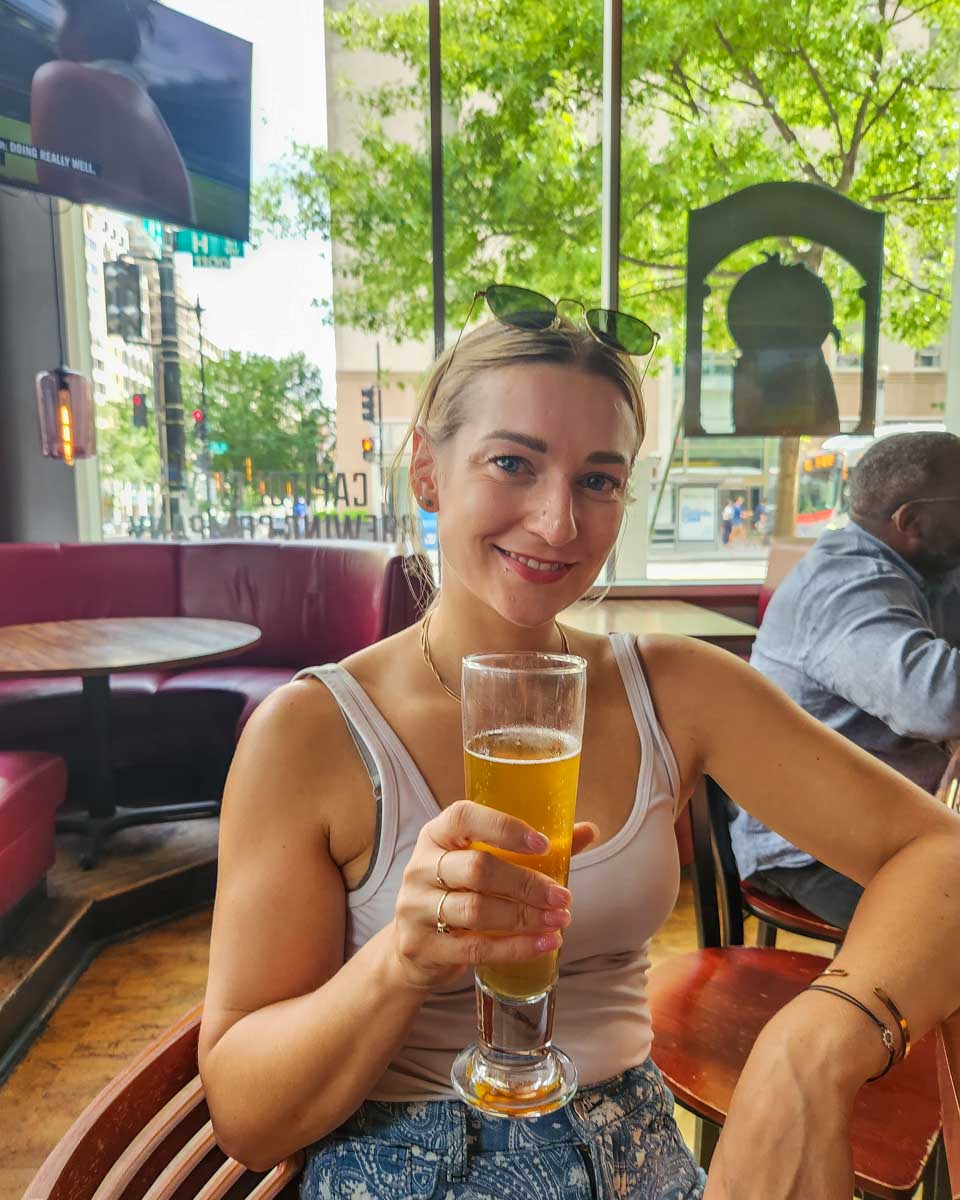Bailey enjoys a beer on a pub crawl in Washington DC