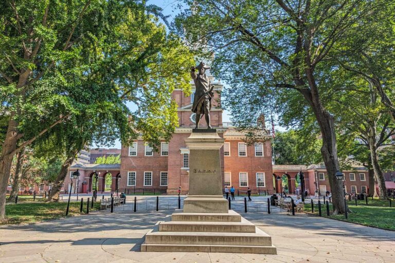 Barry statue sits behind Independence Hall in Philadelphia, USA
