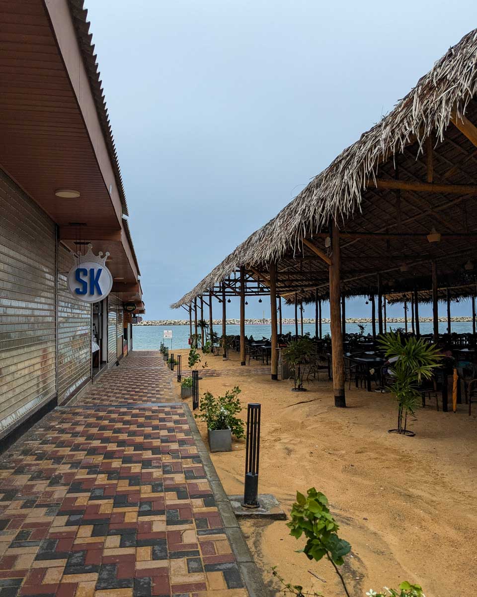 Covered seating areas and resturants leading to artificial beach Colombo Sri Lanka
