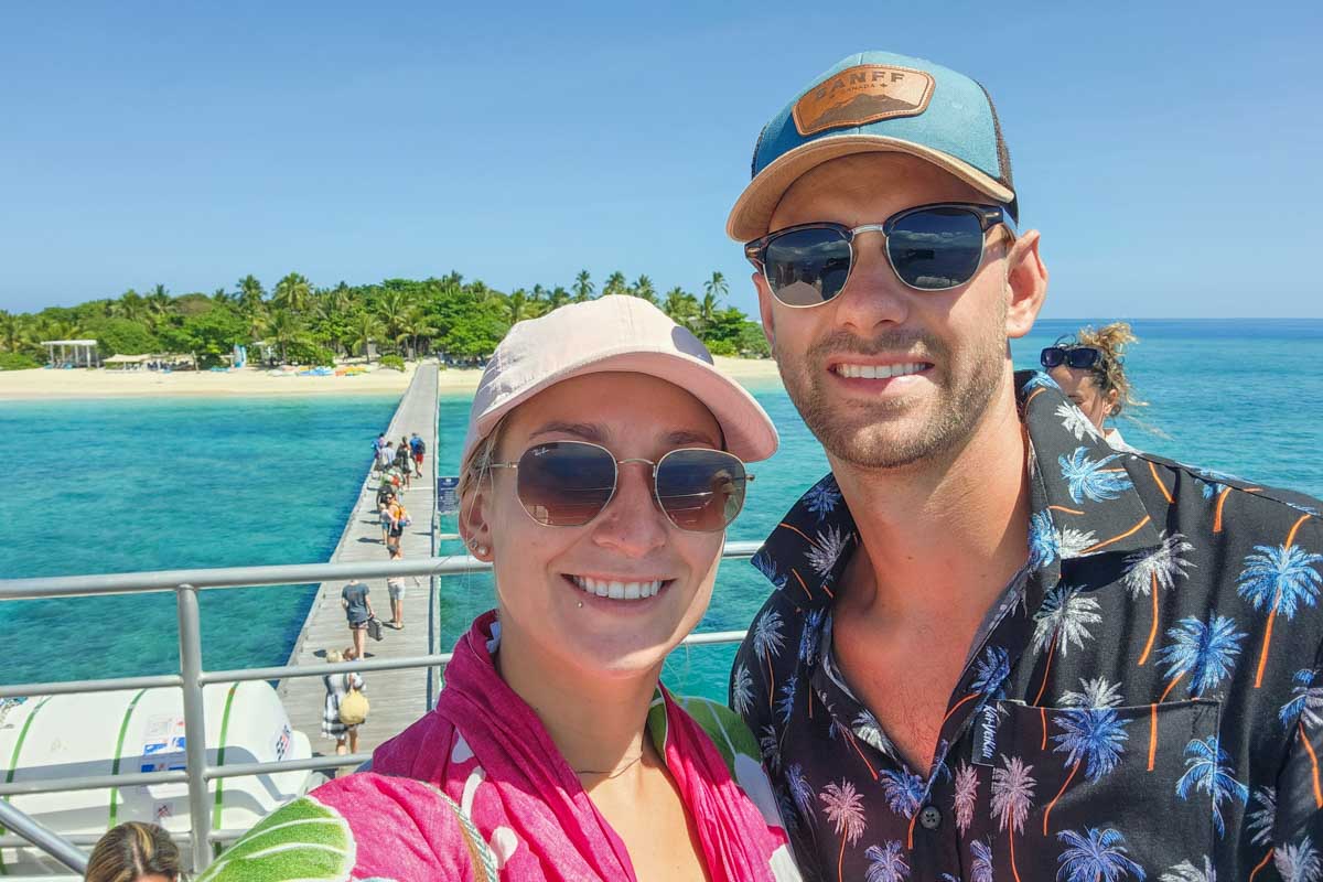 Daniel and Bailey take a selfie as they arrive to Malamala Beach Club in Fiji