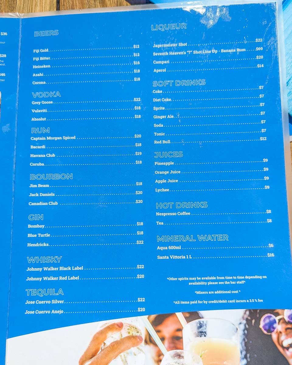 Drinks menu at Seventh Heaven Fiji Floating Platform