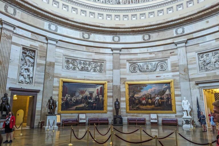 Huge paintings on the wall inside the United States Capitol 