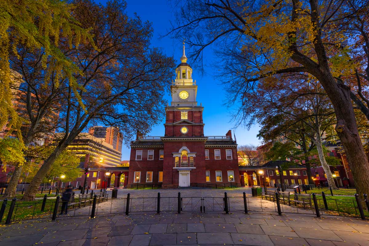 Independence Hall at night in Philadelphia