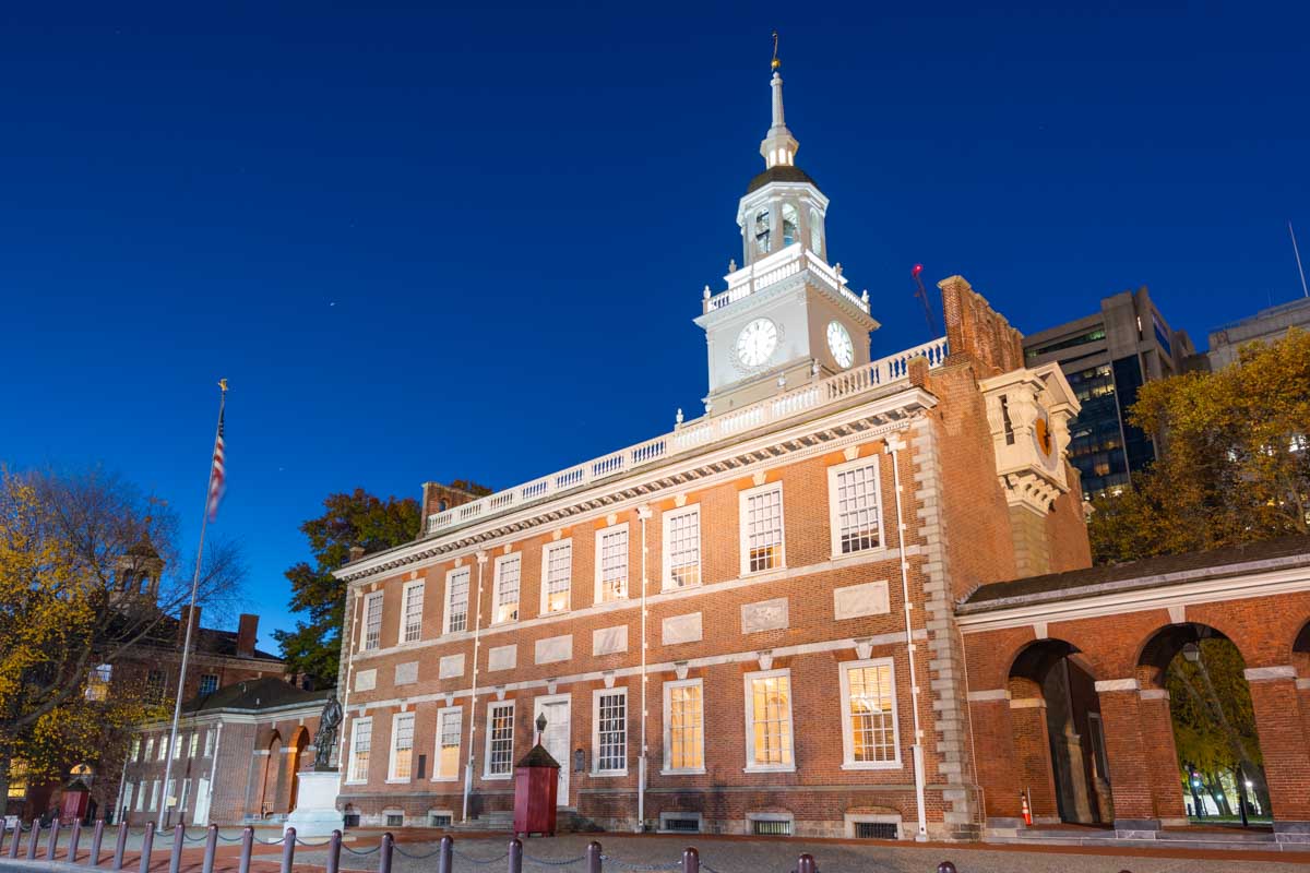 Independence Hall in Philadelphia at night as seen on night tour