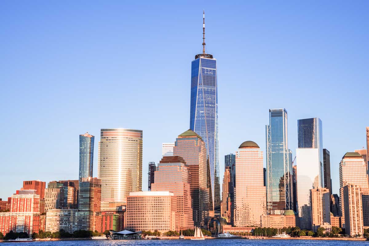 New York City skyline at sunset as seen from a New York City cruise
