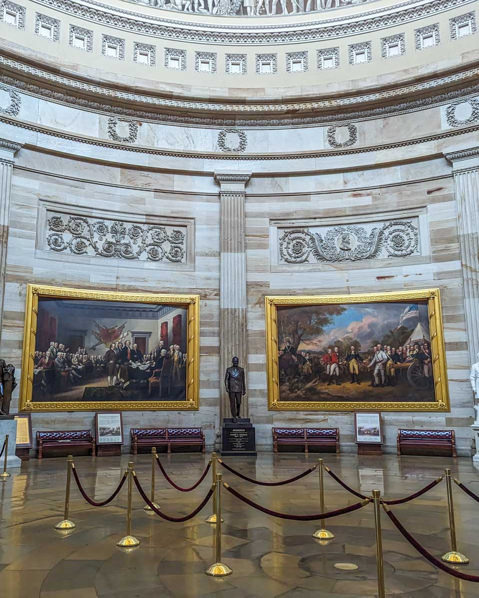 Paintings on the wall inside the United States Capitol in Washington DC
