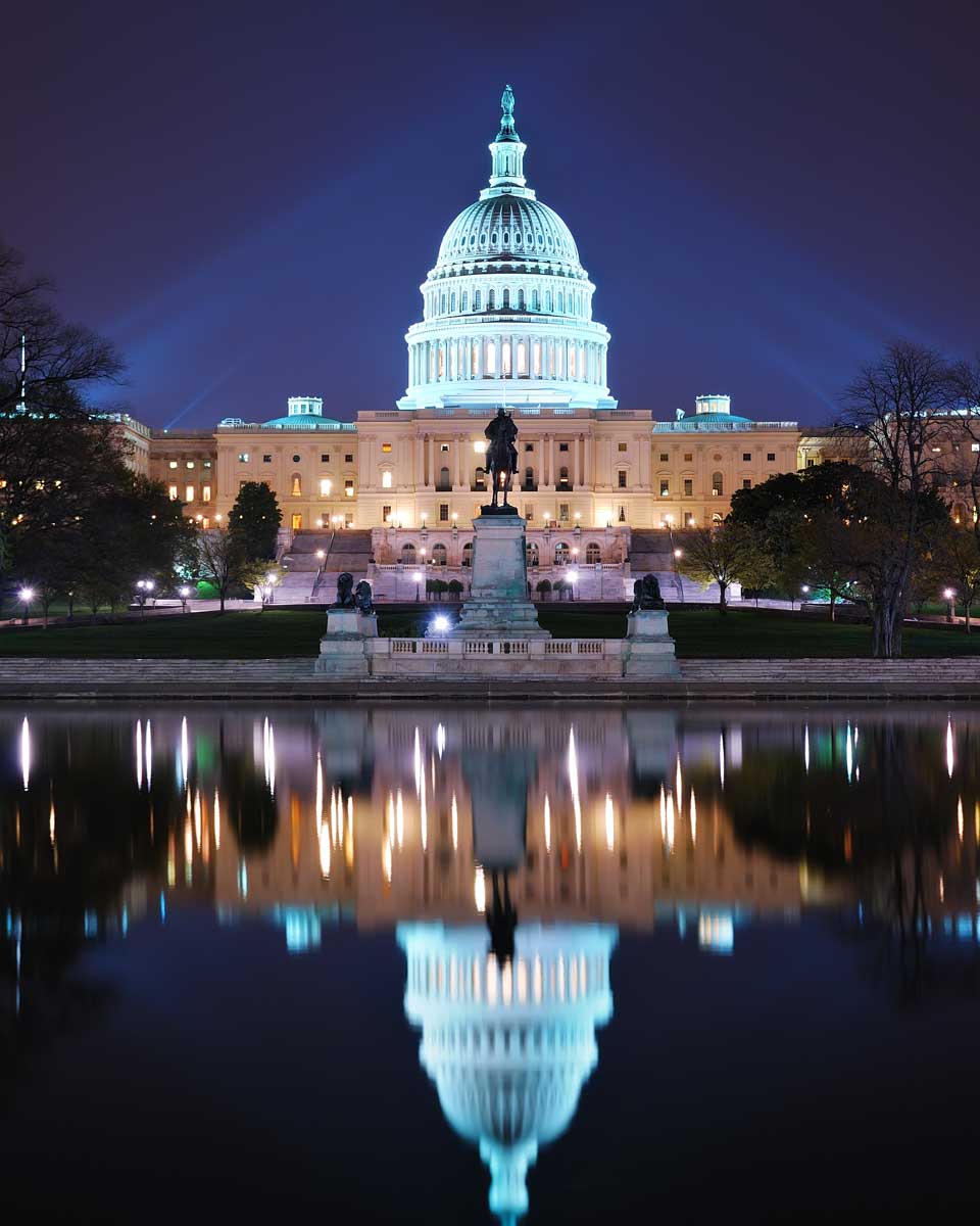 The United States Capitol lit up at night in Washington Dc, USA