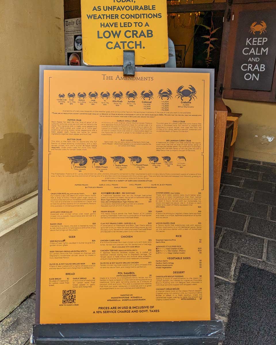 The menu at the ministry of crab Colombo Sri Lanka