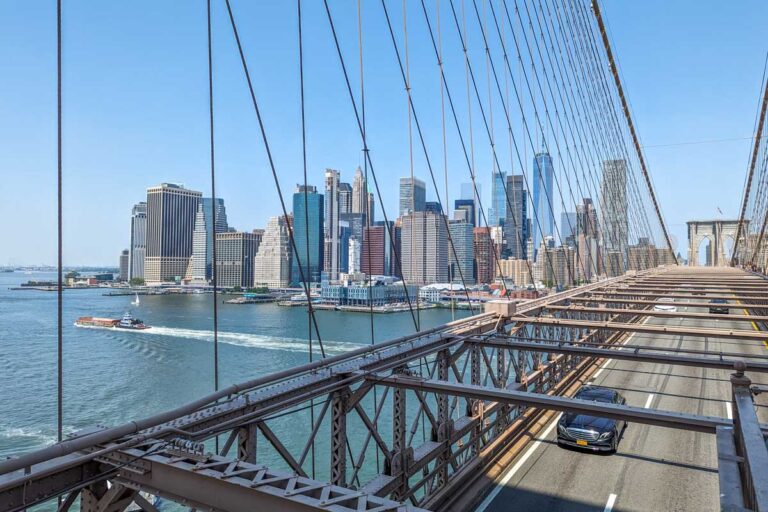Views of Manhattan from the Brooklyn Bridge Walkway in New York City