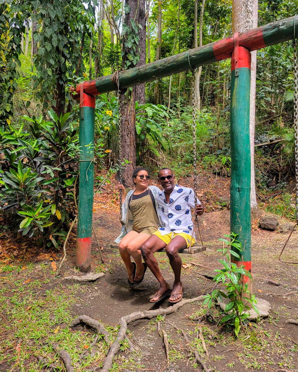A couple smiles as they sit on a swing in the jungle at the garden of the sleeping giant fiji