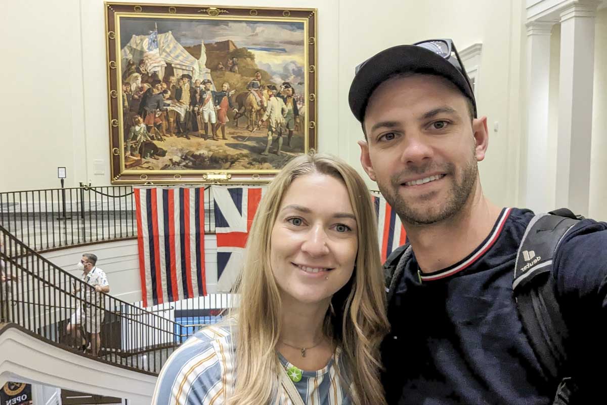 Bailey and Daniel smile for a selfie at the museum of the american revolution