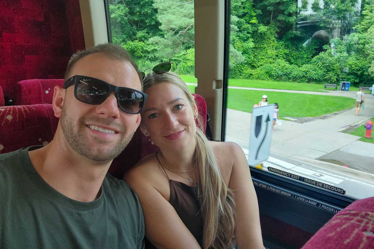 Bailey and Daniel take a selfie as they ride the bus to Niagara Falls Canada