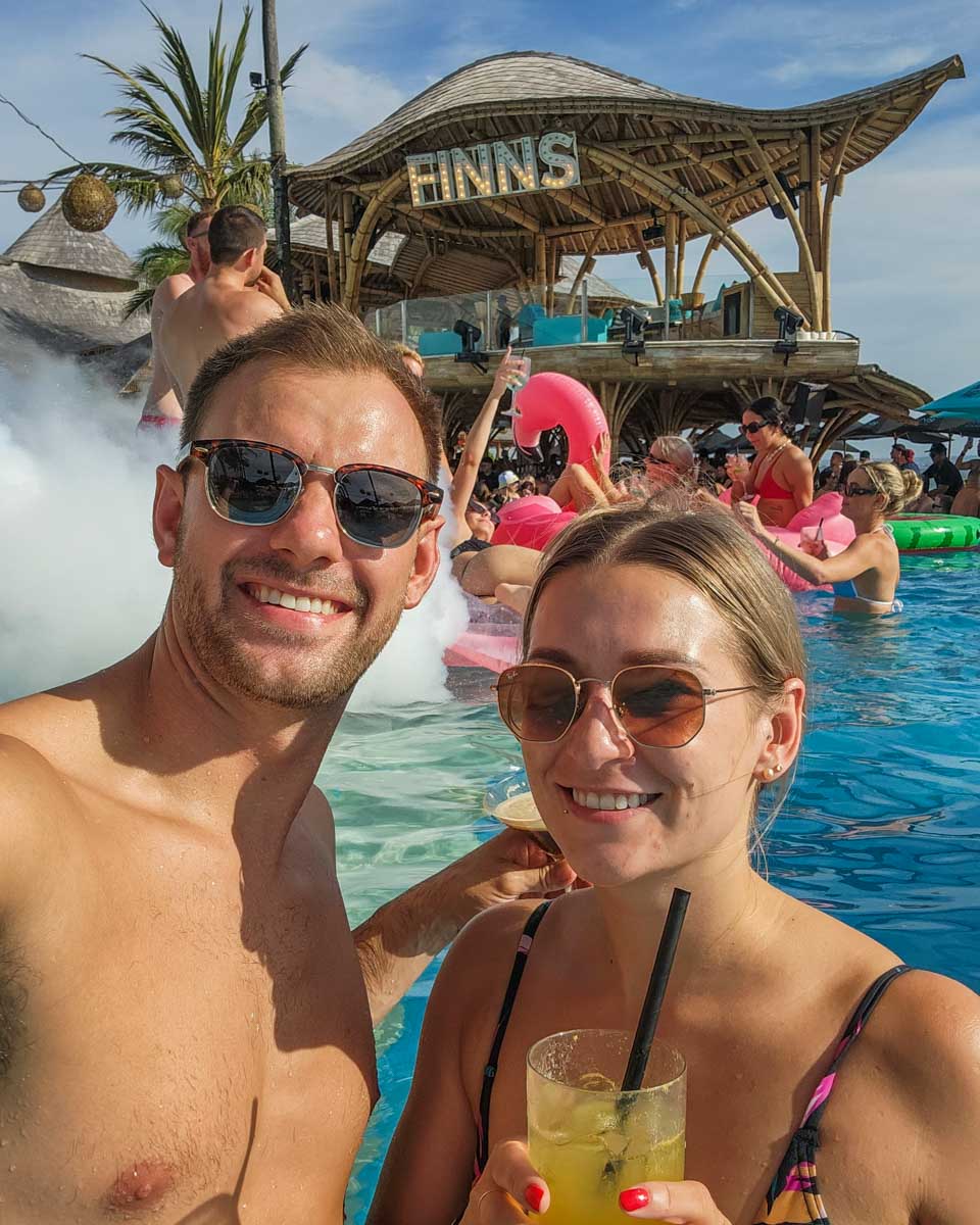 Bailey and Daniel take a selfie at Finns Beach Club in Bali