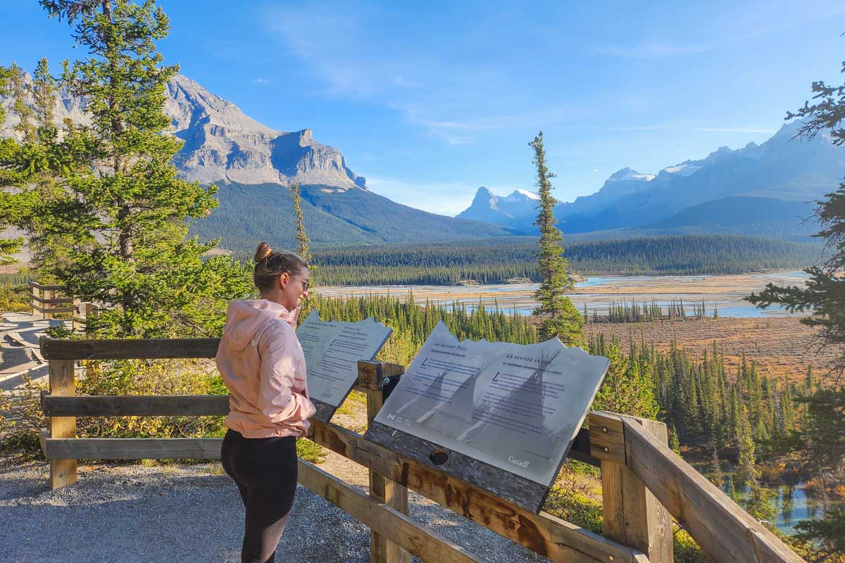Bailey reads a sign at a viewpoint along the Icefields Parkway, Canada