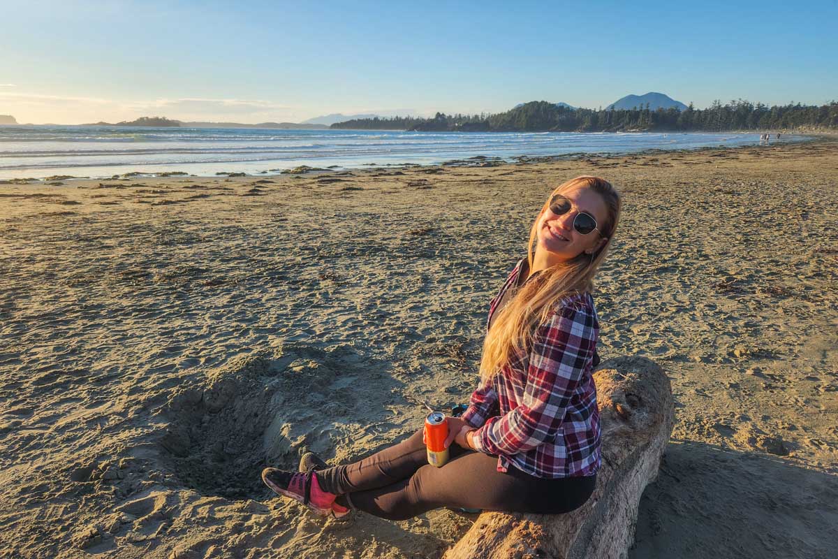 Bailey relaxes on Cox bay beach in Tofino
