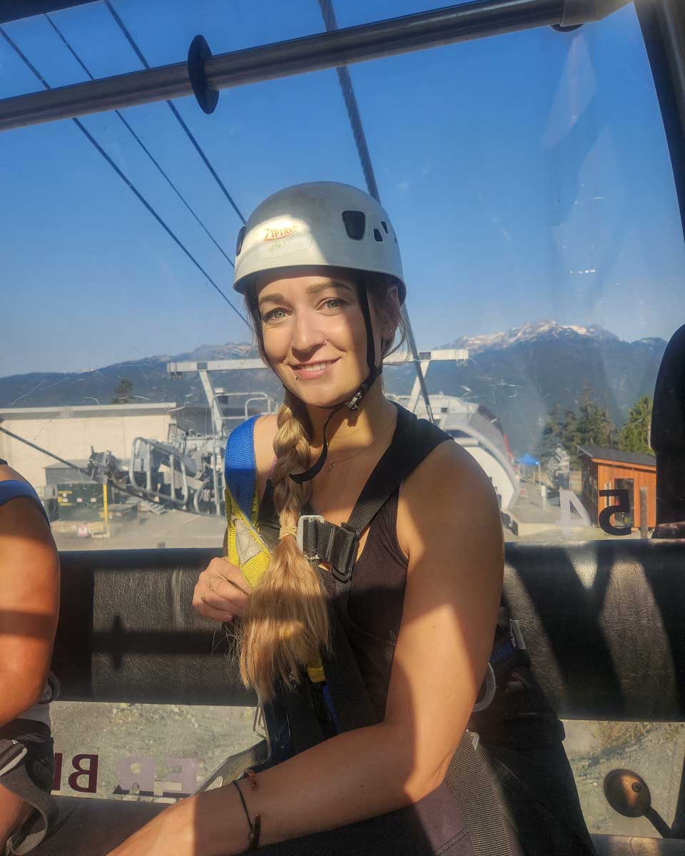 Bailey riding the gondola up whistler, canada, sasquatch zipline