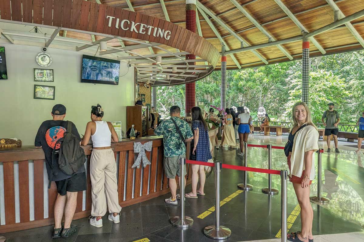Bailey waits in line for tickets at Ubud Monkey Forest Bali