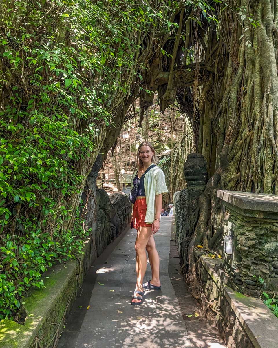 Bailey walks a trail under a tree at Monkey Forest UbudÂ