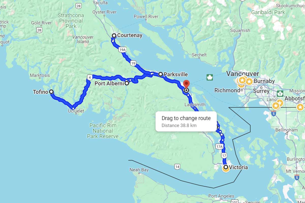 Map of 10 day road trip on vancouver Island