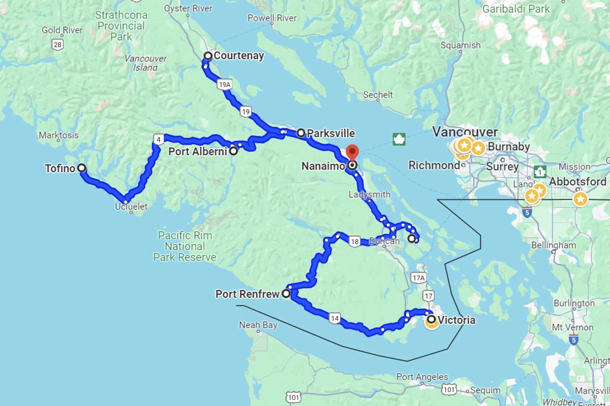 Map of 14 day road trip on vancouver Island
