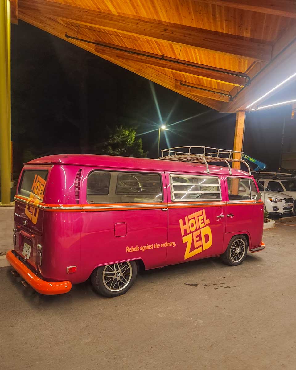 Zed hotel mini Van out the front of the hotel in Tofino
