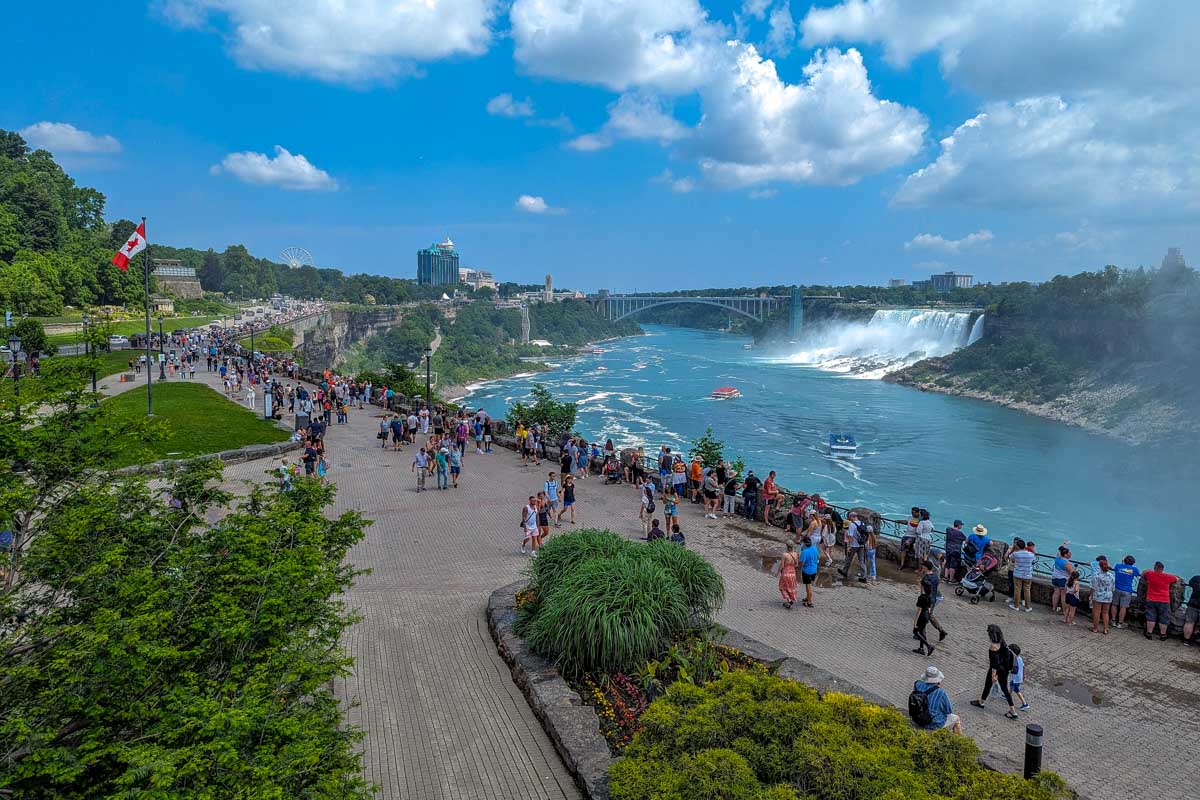 tourists walk along niagara falls canada