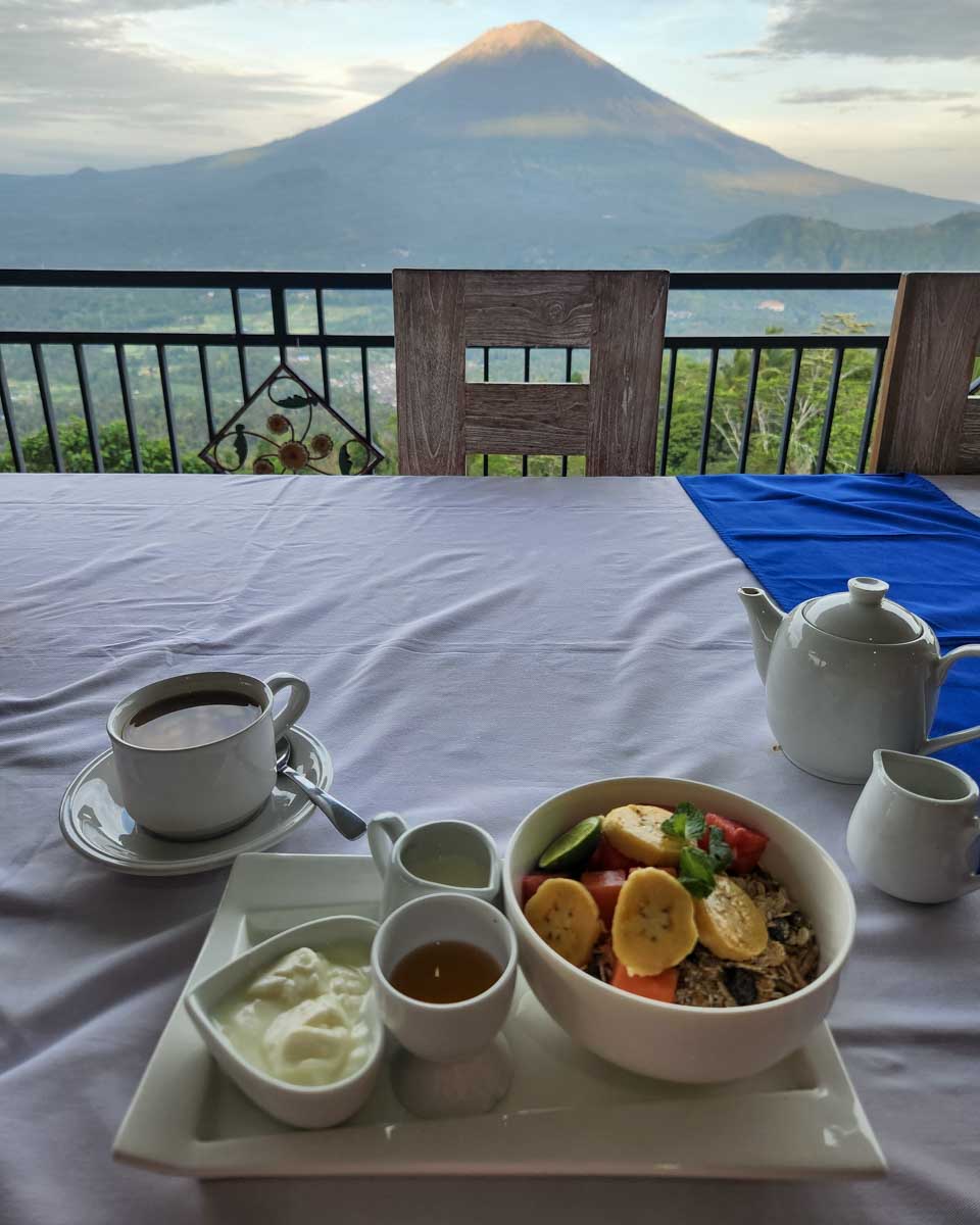 Breakfast and tea looking over the jungle at Mount Lempuyang, Bali, during the Instagram Tour