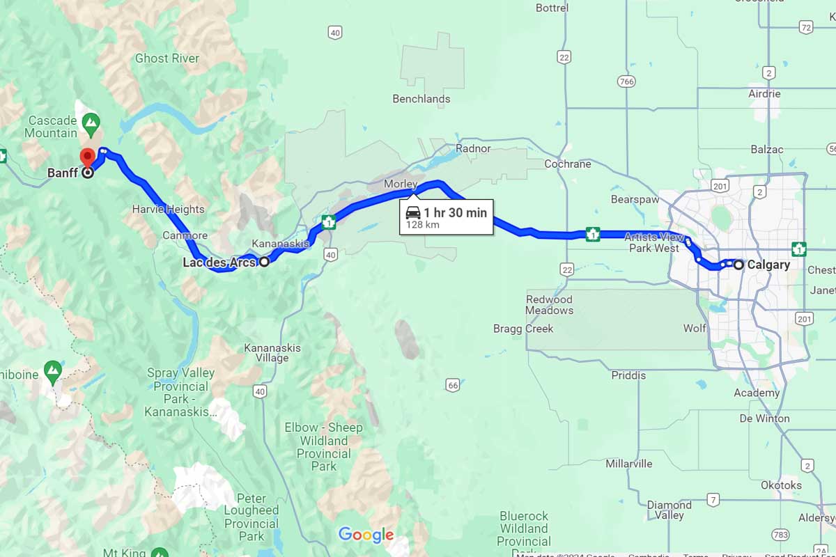 Calgary to Banff road trip map Canada