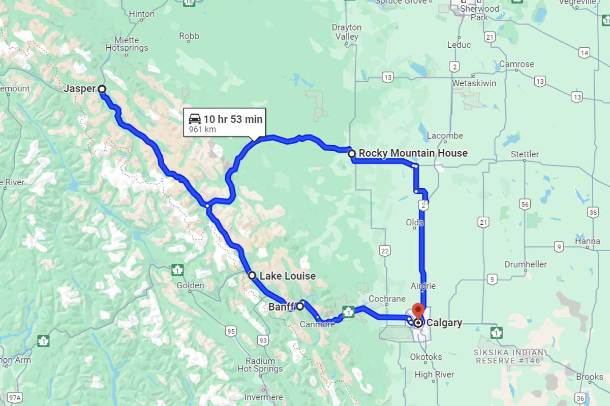 Calgary to Canmore to Banff to Lake Louise to Jasper back to Calgary roadtrip map